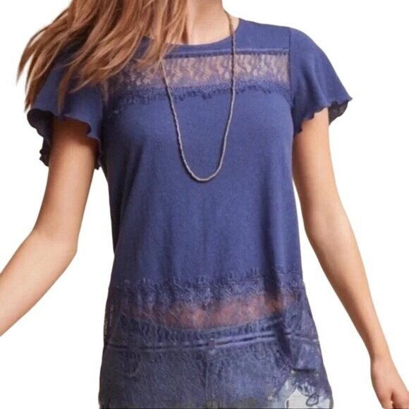 Anthropologie Deletta Blue Lace Linen Top - Picture 1 of 7